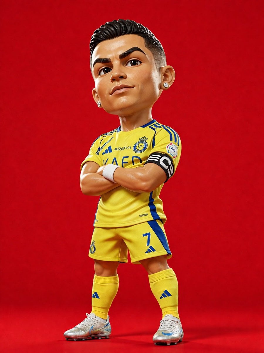 3D rendered caricature figurine of [Hero Subject: Cristiano Ronaldo], big head chibi style, wearing [Hero Subject: Al Na