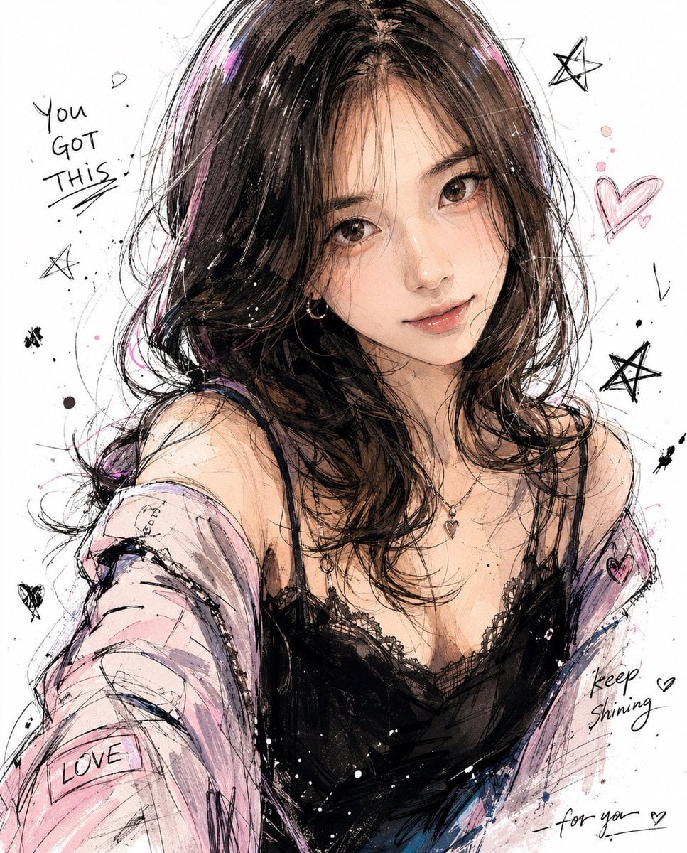 创作一幅你想象中[Title: 我的]插图：

韩风插图，拥有鲜明且难忘的角色设计，自然且富有表现力的面部情感，半身构图，以及动态姿势。服装应具有复杂而精致的细节。采用手绘涂鸦风格，带有墨水飞溅、松散而自发的线条，以及柔和的粉彩色调与墨水阴