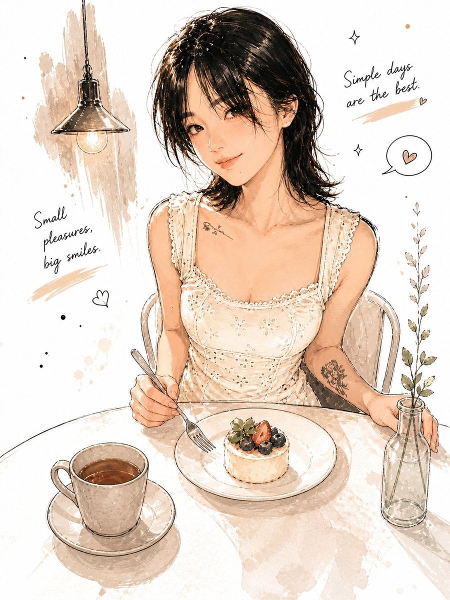 {
  "style": "minimal watercolor ink illustration, soft anime realism, hand-drawn sketch aesthetic, cozy café editorial 