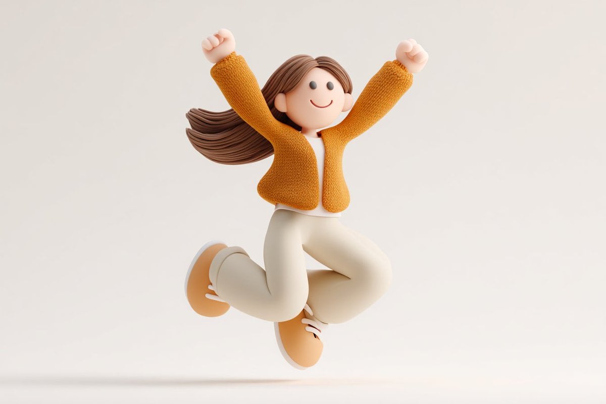 Cute 3D render of a [subject], matte surface, kneaded clay icon style, simple stylized design, [doing action], [emotion 