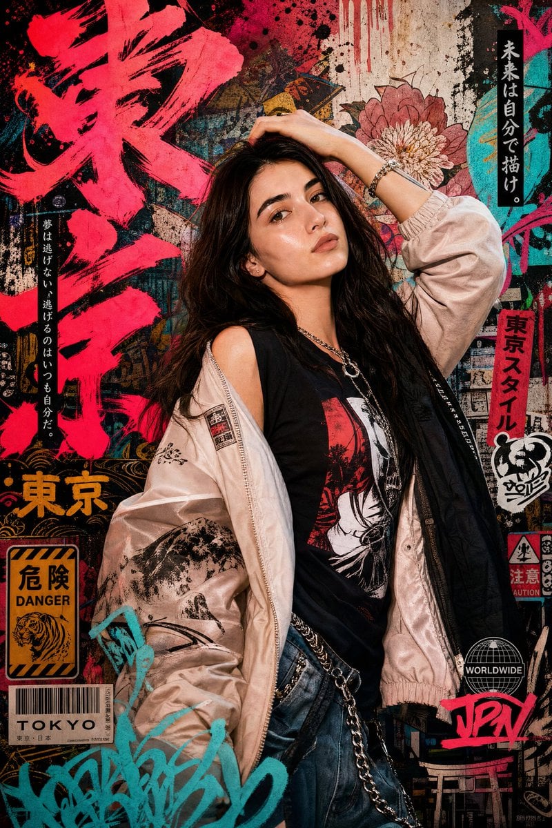 Create a high-detail portrait poster in a bold Japanese graffiti-inspired art style, combining modern urban street aesth