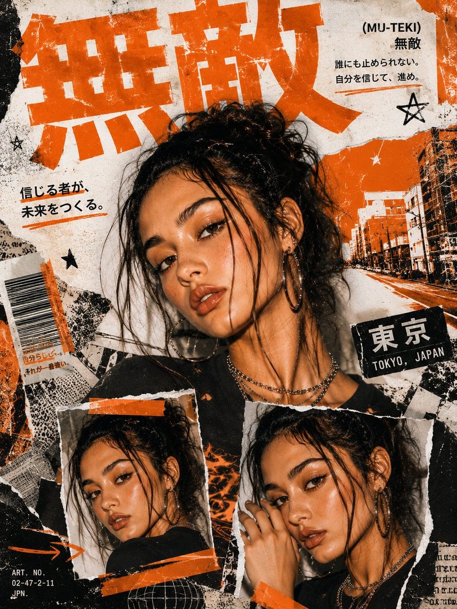 Create a bold Y2K Japanese street-editorial collage poster with a clean high-fashion magazine aesthetic, gritty paper te
