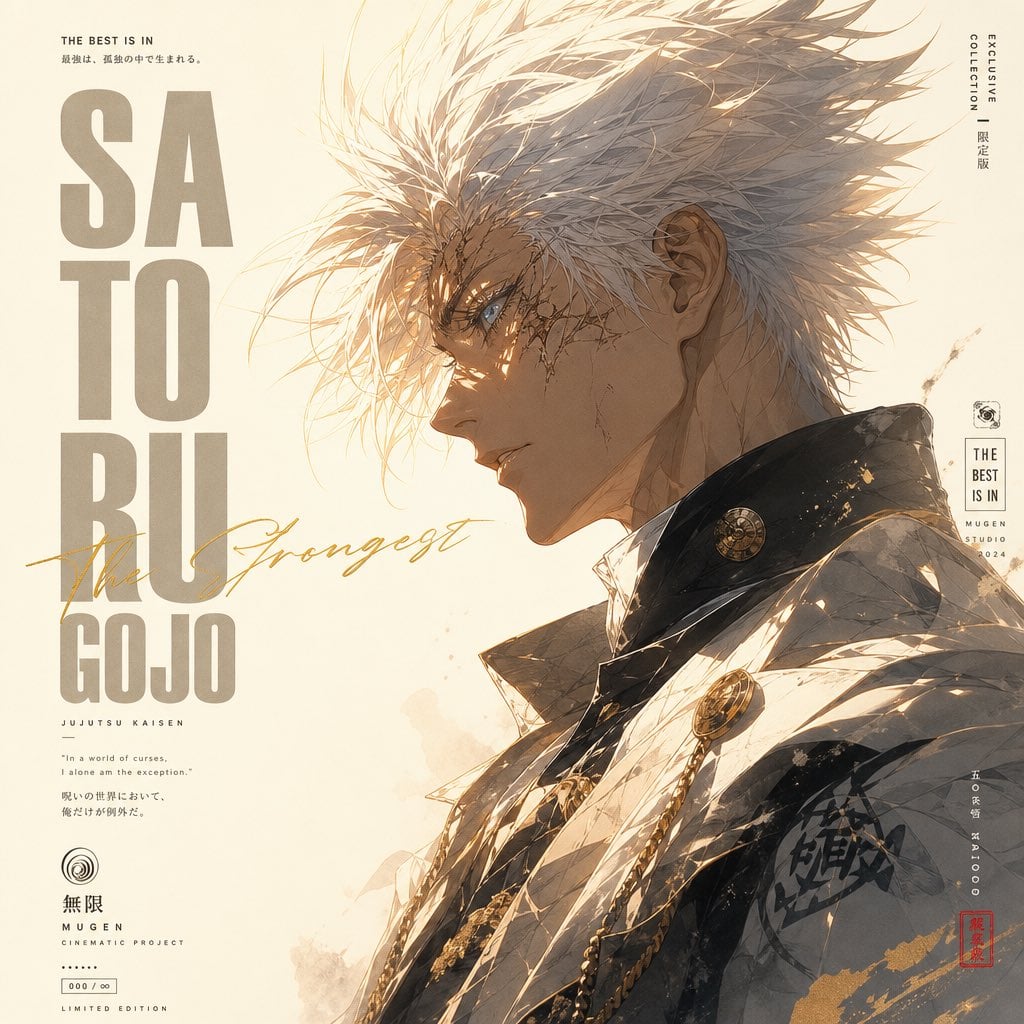A minimalist high-fashion anime poster in vertical 9:16 format, featuring a side-profile portrait of an iconic anime mal