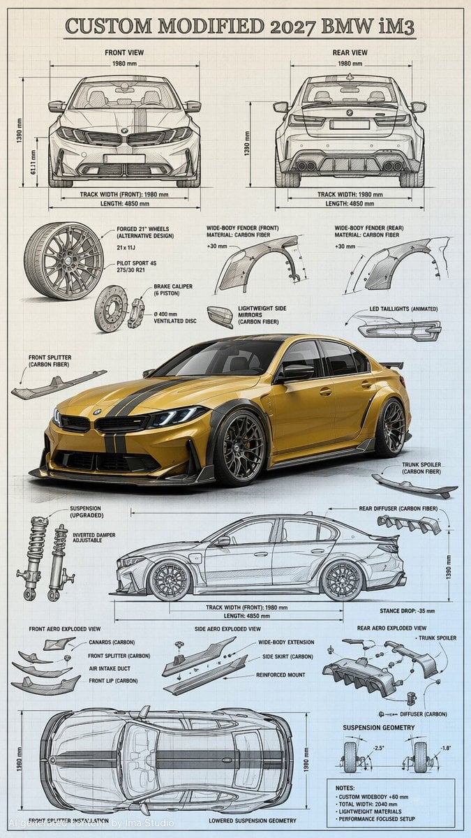 Highly detailed technical blueprint sketch and realistic 3D–render fusion of a custom modified car 2027 BMW iM3.
Transfo