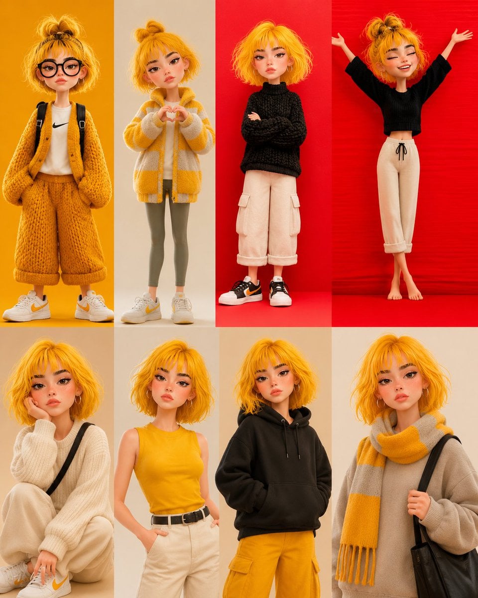 Ultra detailed stylized 3D Pixar-inspired girl collage, same female character in 8 different aesthetic outfits and poses