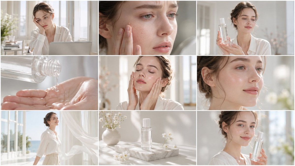 Create a clean, bright skincare commercial storyboard in a 16:9 layout with 9 panels. Use soft natural lighting, minimal