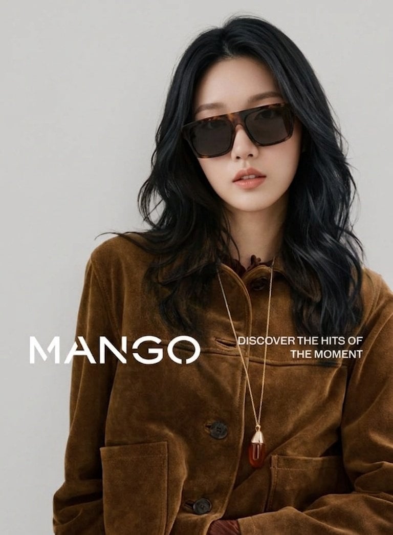 ​High-end fashion editorial photography, portrait of a young [Hero Subject: East Asian] woman with long wavy dark hair w