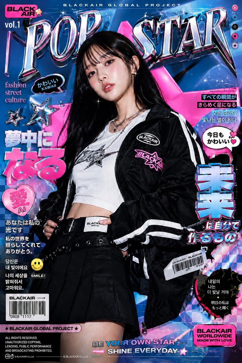 Ultra-stylized high-fashion editorial poster of a confident young Asian female model standing in the center frame, elega