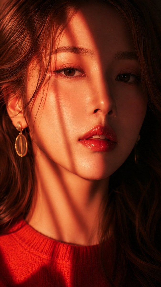 A stunning, high-resolution close-up portrait of an [Hero Subject: East Asian] woman, gazing directly at the camera with