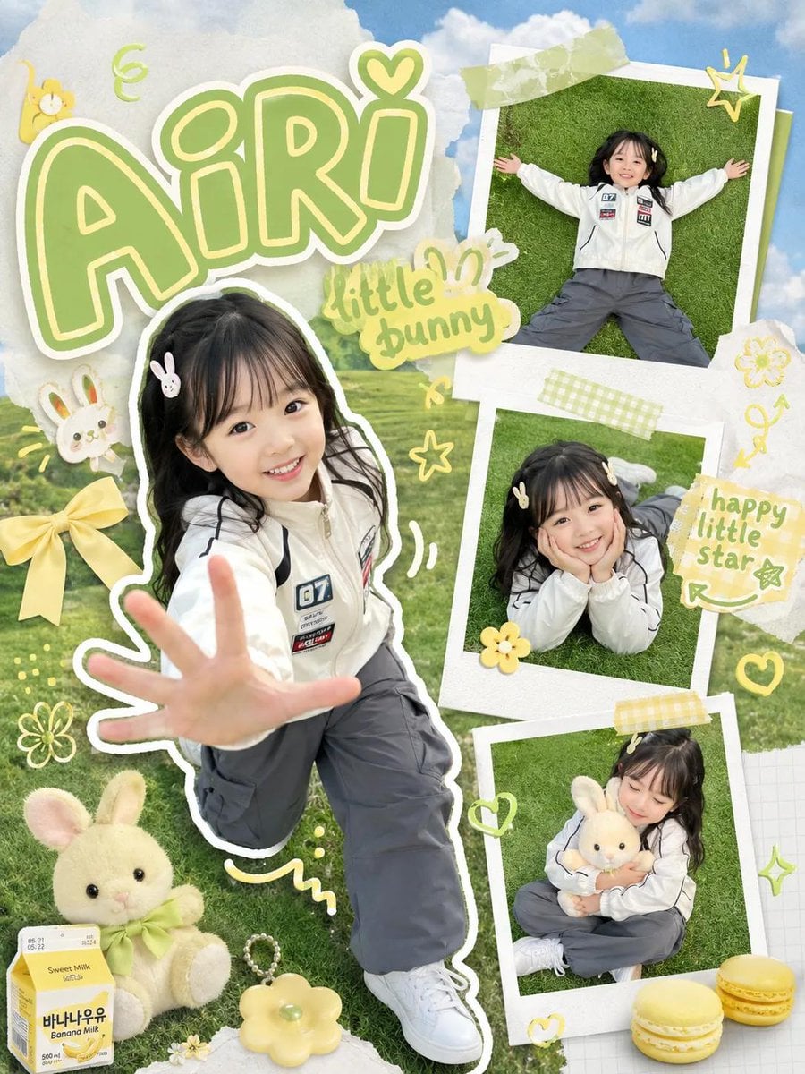 Kawaii scrapbook-style children photography poster, cute little girl with long black hair posing on green grass, wearing