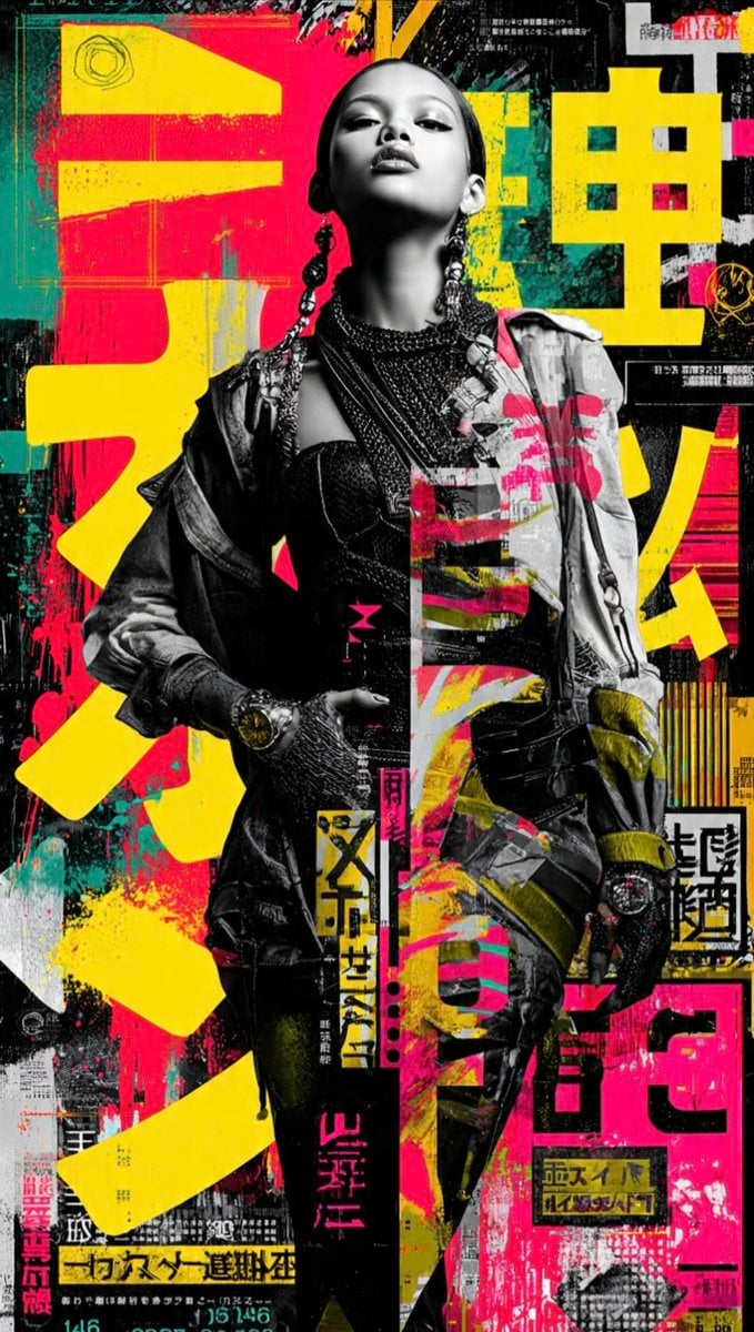 A striking, avant-garde editorial collage featuring a confident fashion model in edgy, tactical streetwear. The composit