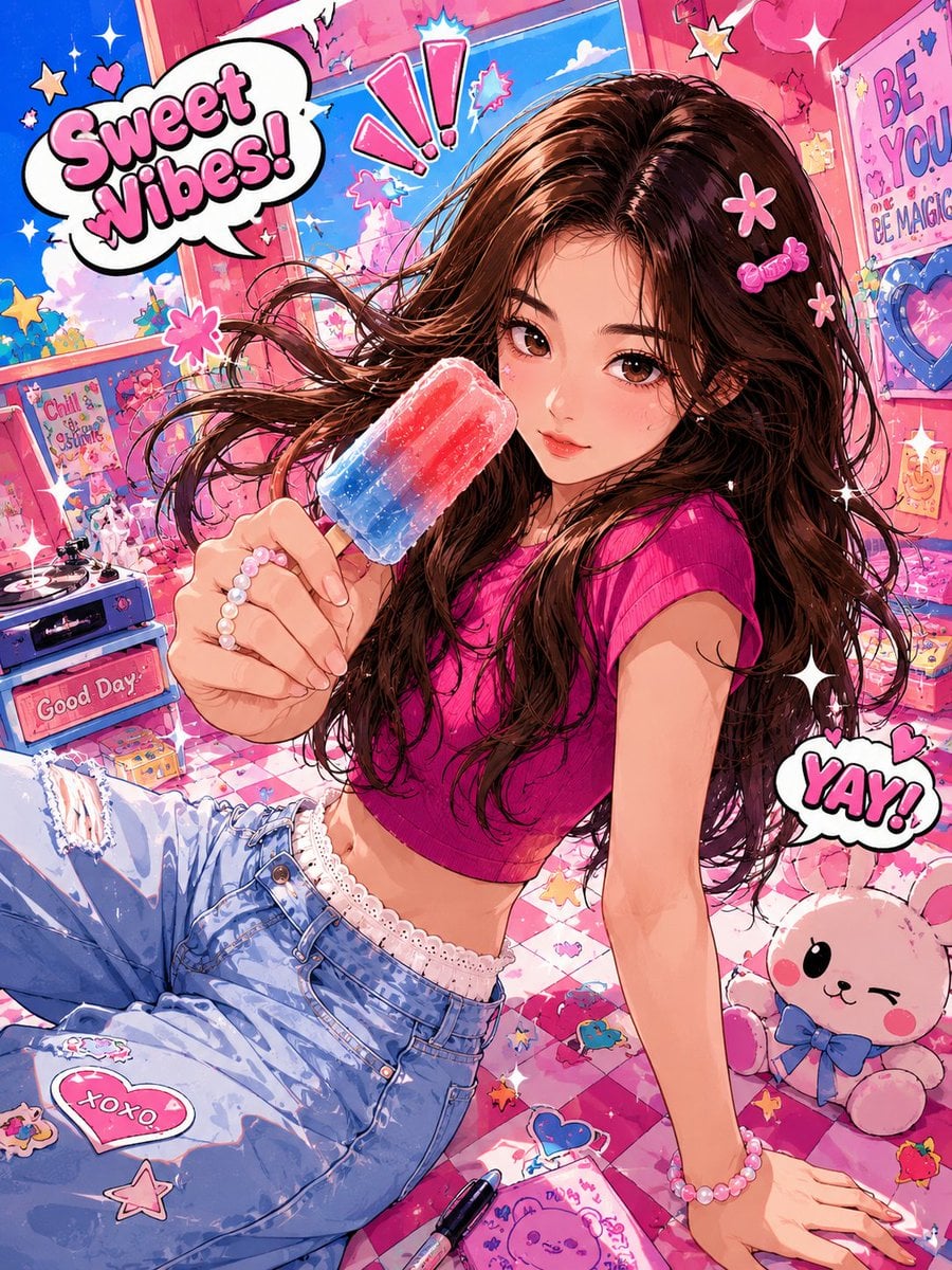 请基于upload image，创作一张 高饱和潮流动漫插画。保留人物基本辨识度，包括脸型、五官关系、发型基础和整体气质，但整体必须明显动漫化、非写实化。画风参考元气搞怪的流行动漫插画：线条自信有力，带轻微粗细变化；上色使用简洁赛璐璐风，大