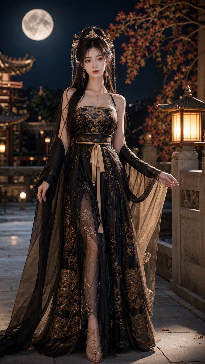 18歲中國美女，成年女性，精緻五官，長髮，身材修長，穿著性感但高雅的黑金色唐制齊胸襦裙改良漢服，薄紗披帛，金色雲紋刺繡，精緻髮飾，正面全身照，完整身體入鏡，細緻刺繡，輕薄飄逸布料，露肩或開衩設計但不裸露，時尚寫真風格，隨機姿勢，隨機戶外場景