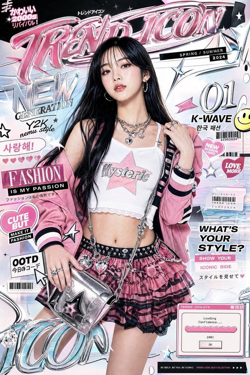 Ultra-stylized luxury fashion editorial poster featuring a confident young Asian woman centered in frame, glossy skin, s
