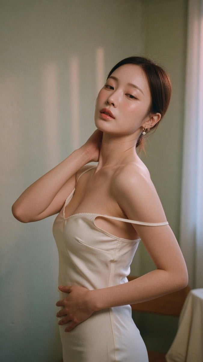 Realistic film photography, upper-body portrait of a beautiful adult Korean female idol with an elegant sensual aura, st