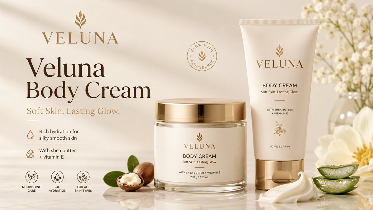 Create a premium clean mockup banner for a body cream product advertisement.

Invent a catchy elegant skincare brand nam