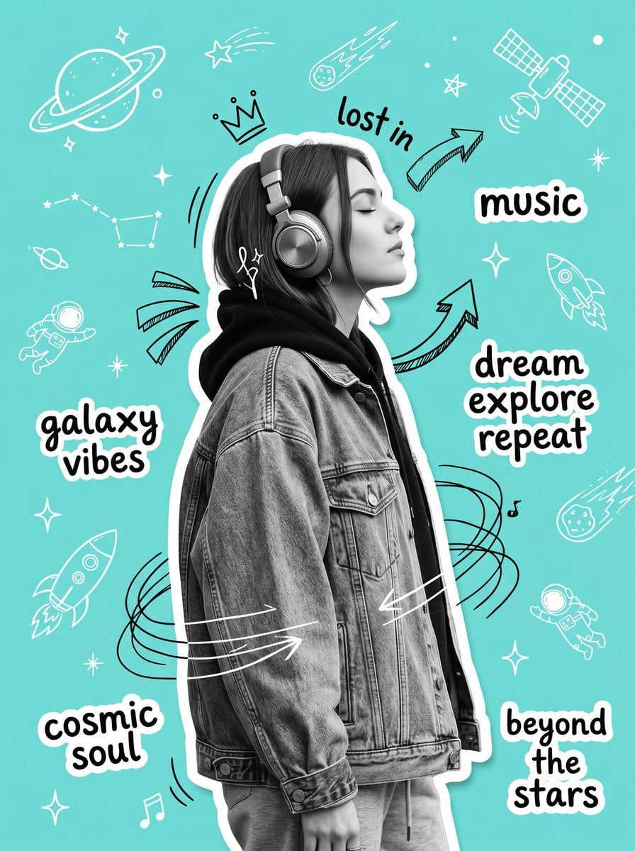 Create an original Y2K-inspired scrapbook collage poster featuring a stylish young woman in side profile wearing large w
