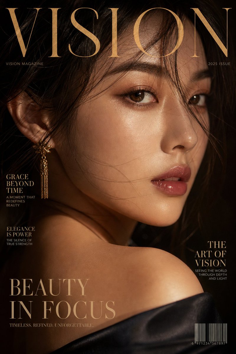 Luxury extreme close-up portrait, magazine cover style, title [Campaign Name: VISION],

featuring an elegant Asian woman