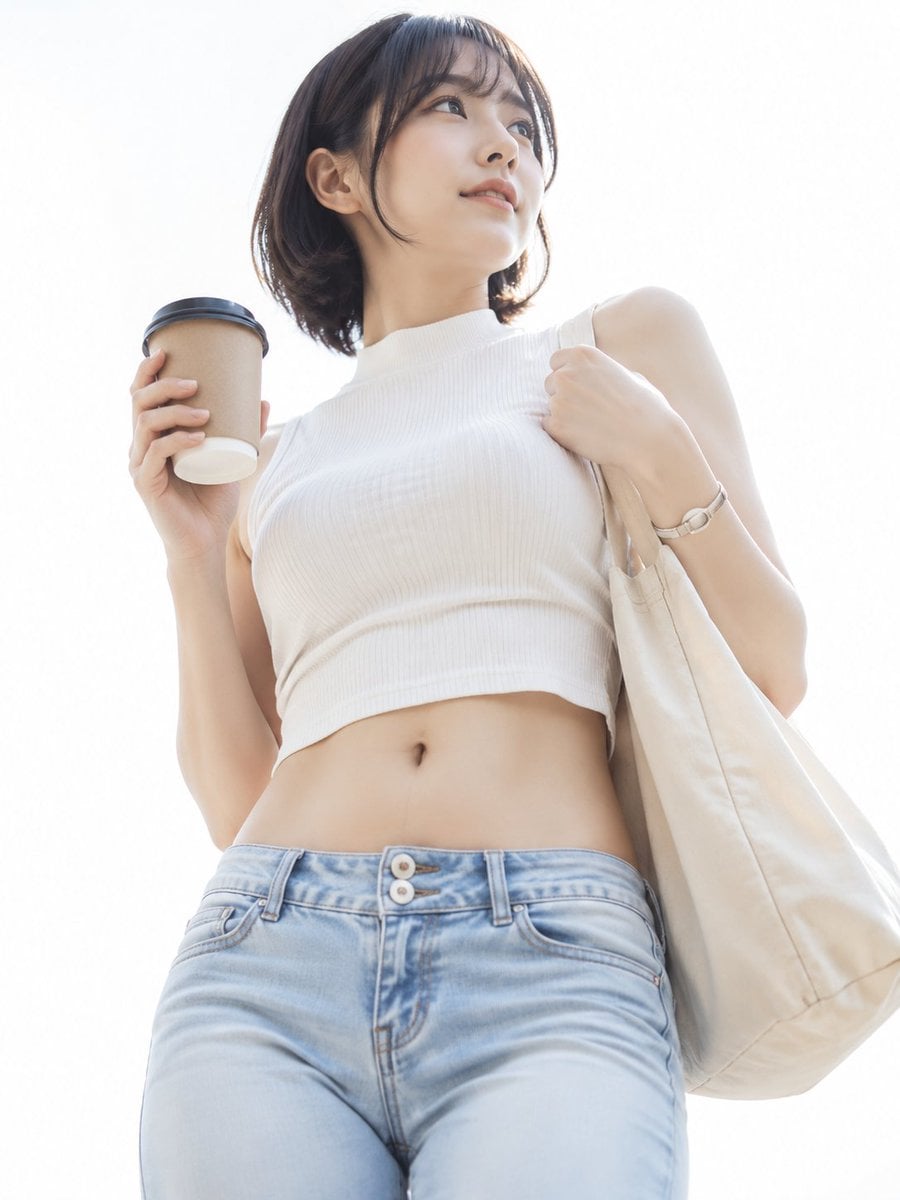 A fresh high-key white-background lifestyle portrait of a young woman in her 20s standing against a pure white to pale g