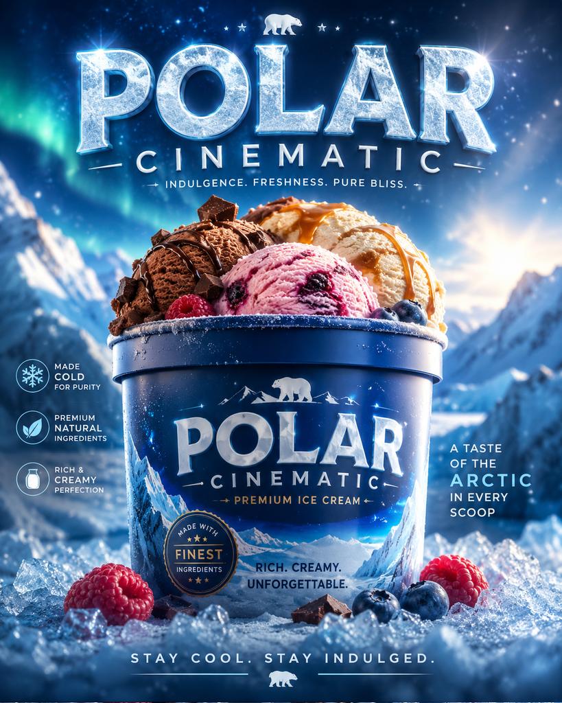 Create a captivating advertisement featuring a photo container of ice cream titled [Title: Polar Cinem atic .] Highlight