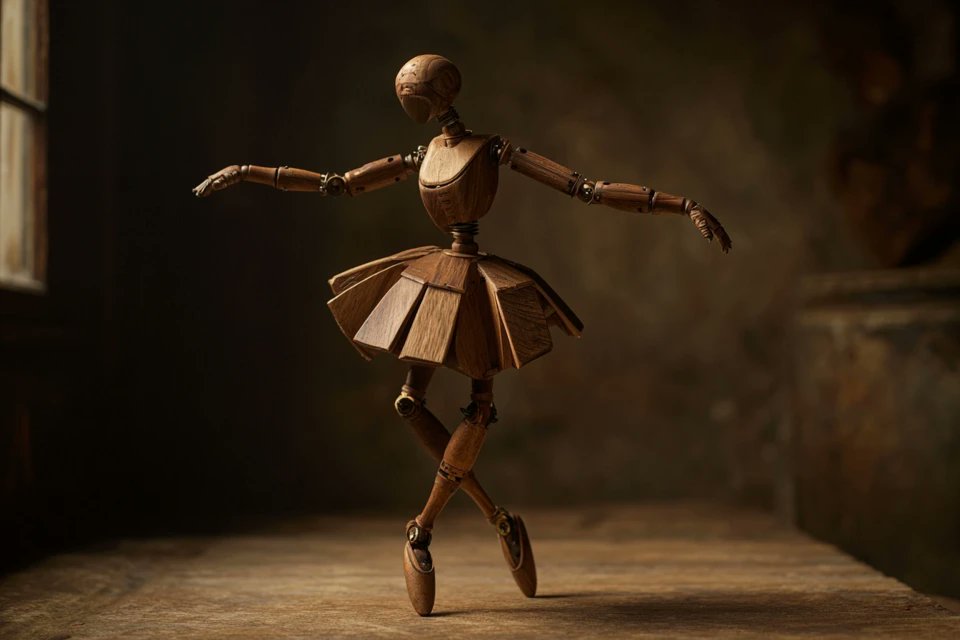 A wooden automaton version of a [subject], jointed with brass pins, natural wood tones in [cherry], [walnut], and [pine]
