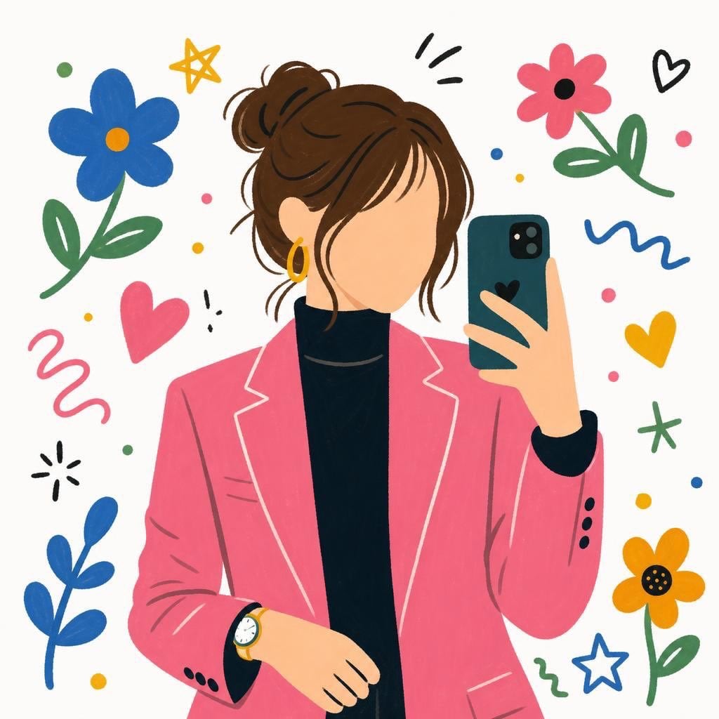 Cute faceless girl illustration in modern flat cartoon style, brown messy bun hairstyle with loose bangs, wearing a pink