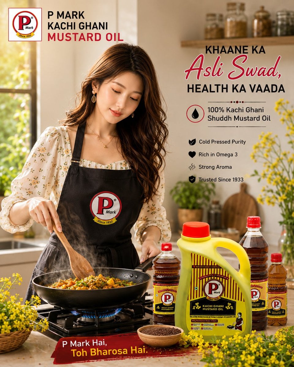 Ultra realistic premium Indian mustard oil advertisement poster for [Campaign Name: P MARK KACHI GHANI MUSTARD OIL], war
