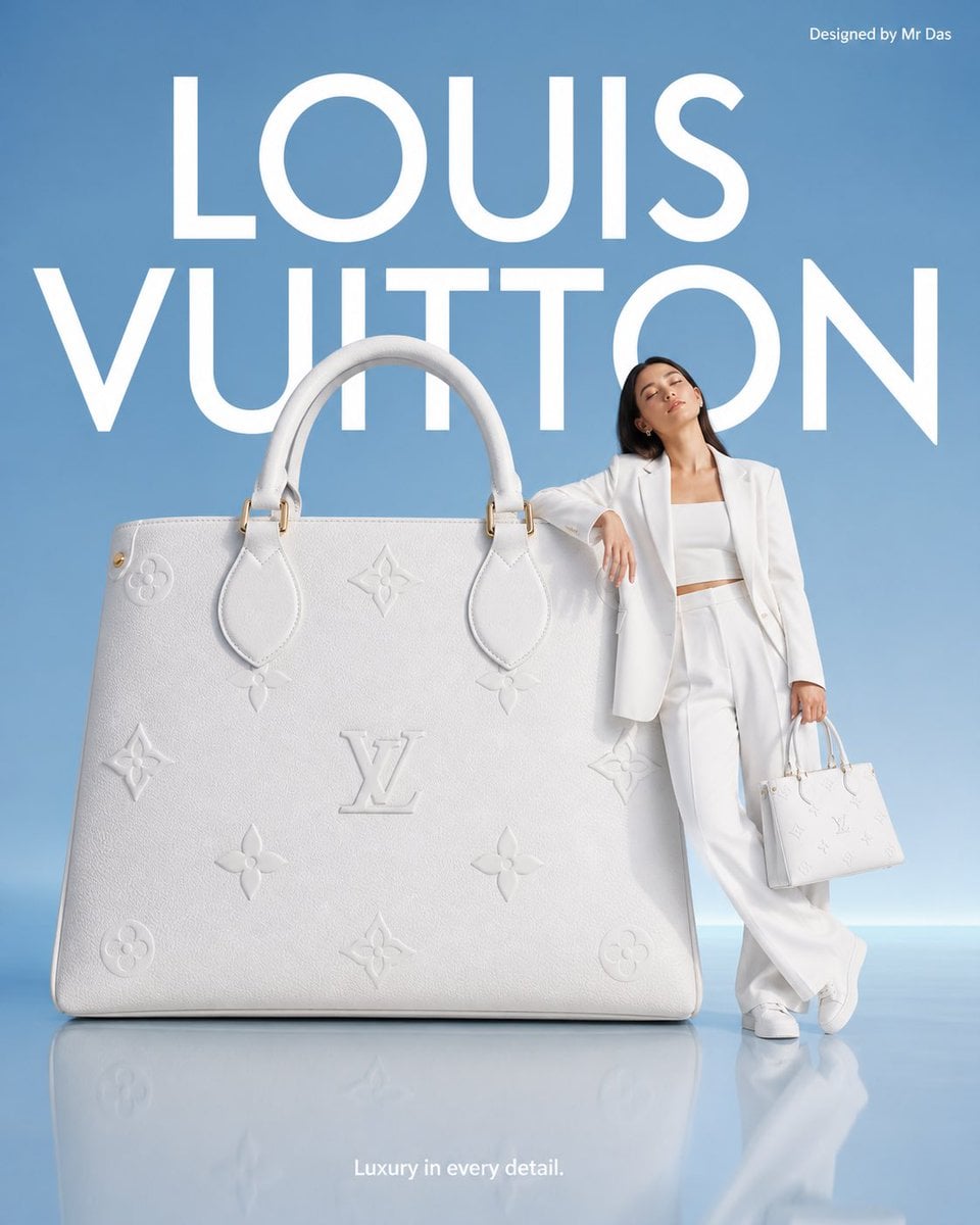 Minimalist commercial ad featuring oversized white [Hero Subject: Louis Vuitton] handbag, ultra-clean design. A young wo