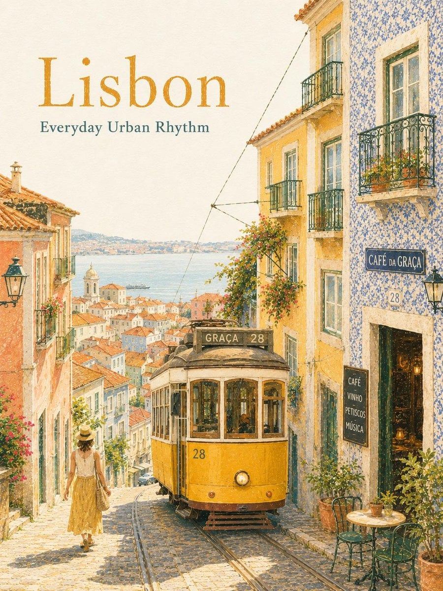 Dreamy vintage travel poster illustration of Lisbon, Portugal, featuring the iconic yellow tram moving through a steep c
