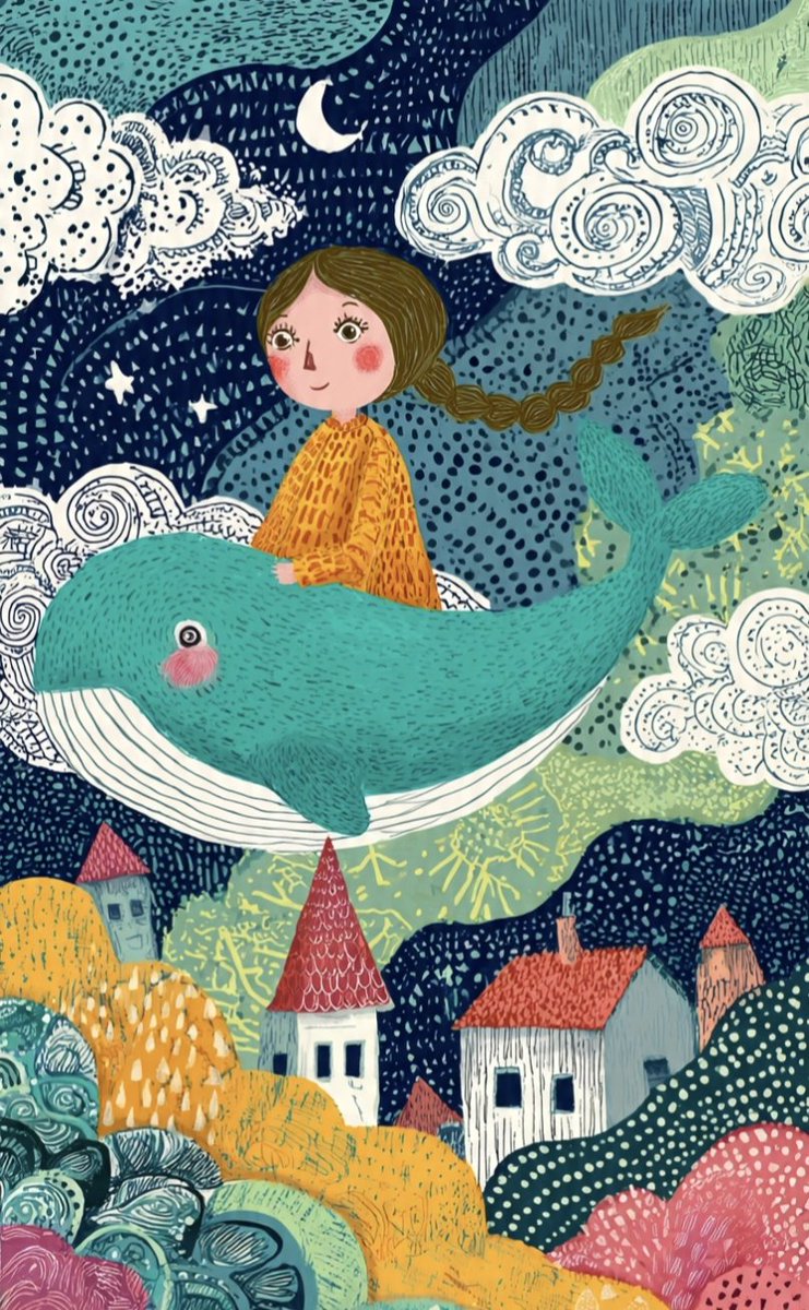 These two illustrations showcase a whimsical, folk-art style characterized by vibrant colors, intricate patterns, and a 