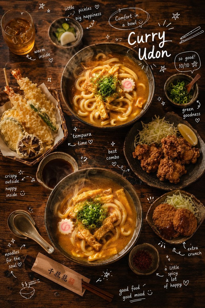 Overhead cinematic food photography of a comforting Japanese curry udon meal set placed on a rustic wooden dining table,