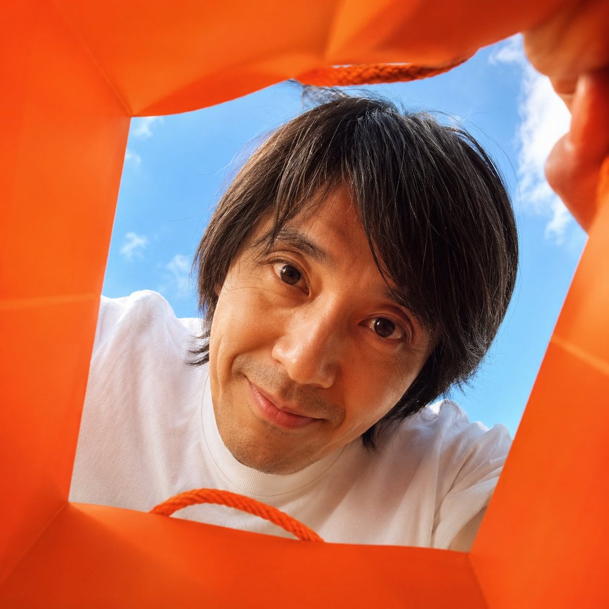 Create a vibrant, adorable, high-end advertising photo shot from inside a shopping bag, looking upward through the wide 