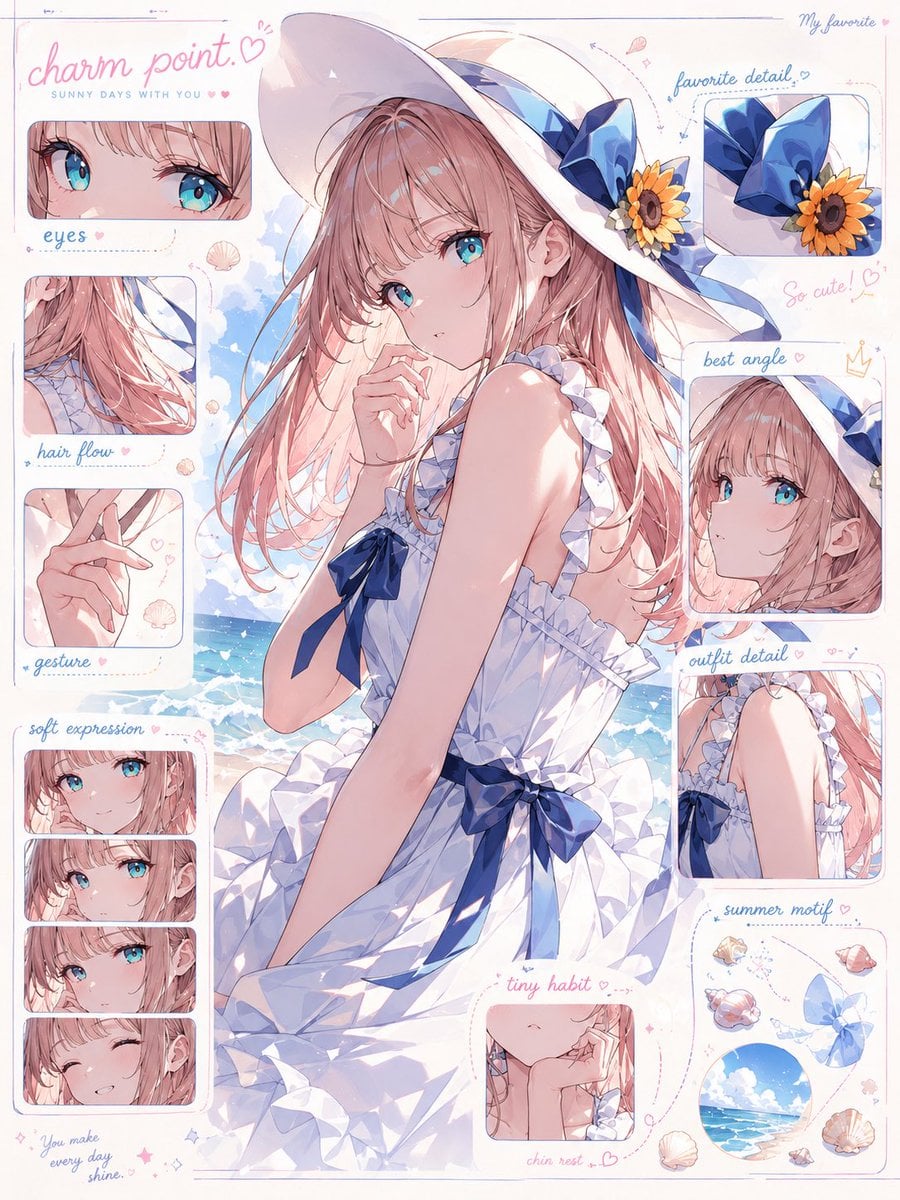 入力されたキャラクター画像をもとに、
そのキャラクターの「魅力解剖図」を1枚のビジュアルとして作成してください。

これは通常のキャラクター設定資料、三面図、プロフィールシートではありません。
目的は、キャラクターの情報を説明することではな