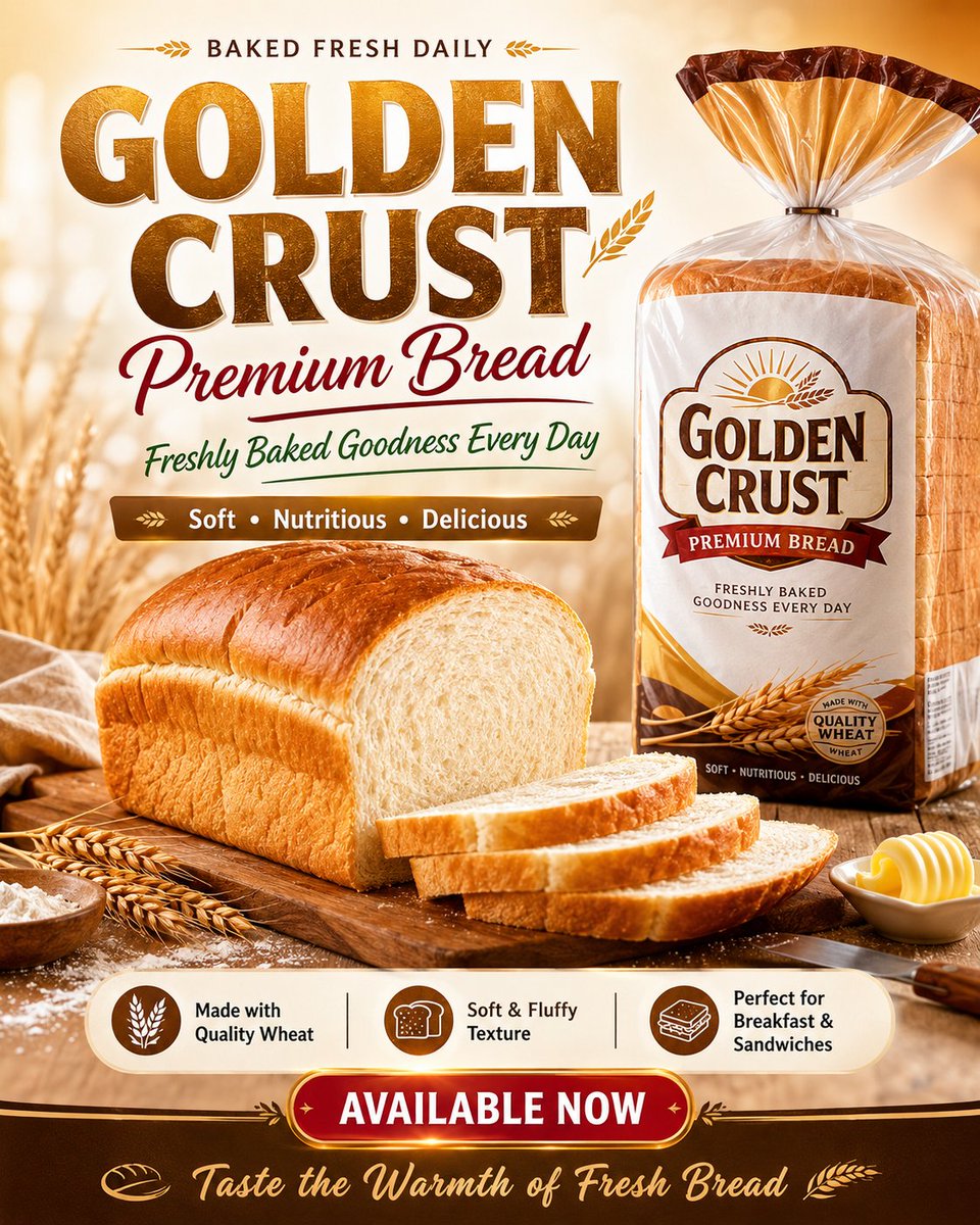 Create a high-quality branded flyer design for a bread product advertisement. Make it look like a premium commercial bak