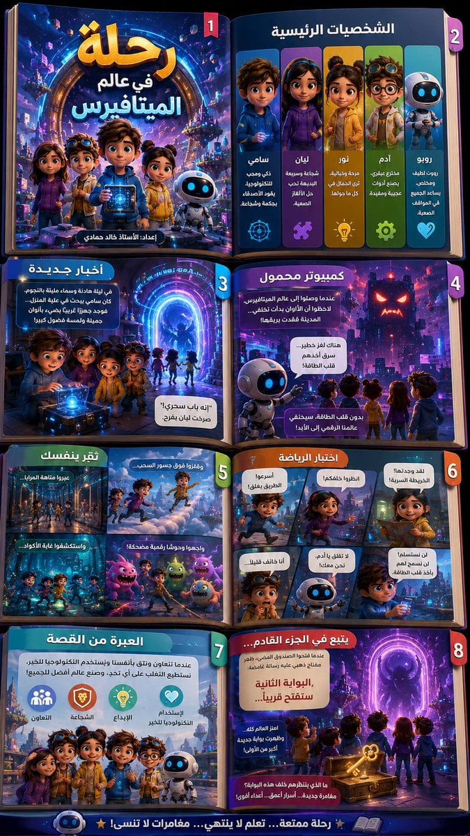 Create a large Arabic infographic in the form of a small three-dimensional children[Title: s storybook, resembling Pixar