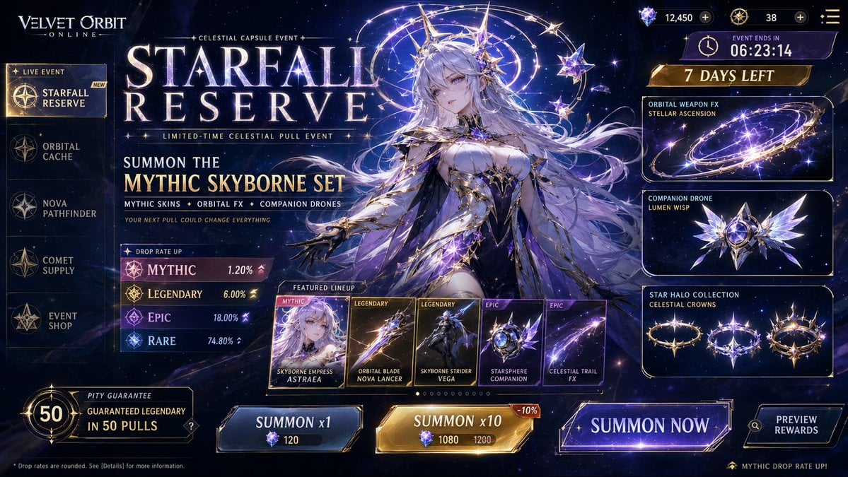Create a premium, highly believable Lootbox / [Hero Subject: Capsule Drop Ad] for an imaginary drop called STARFALL RESE
