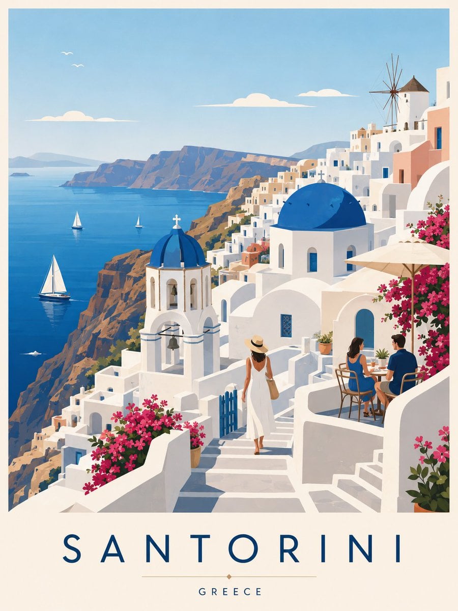 Create a premium editorial travel poster illustration of Santorini, Greece. Style: flat vector illustration, ultra clean