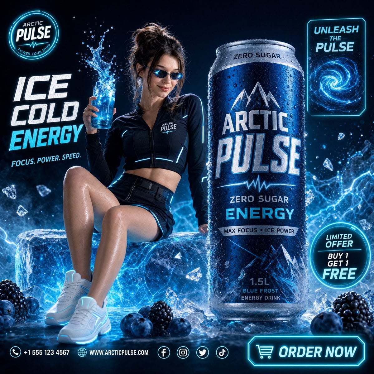 A high-end commercial beverage advertisement for [Brand Name: Arctic Pulse Energy Drink] — ultra cinematic, premium stud