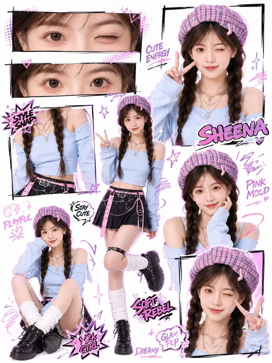 Create a high-quality Y2K kawaii street-style collage poster based on the uploaded portrait.

Use the uploaded portrait 