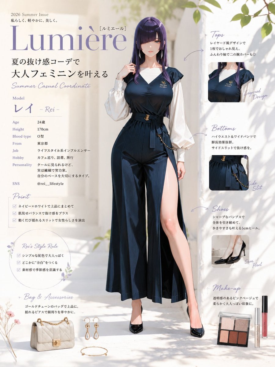 A stylish young woman with sleek, dark violet hair stands in a minimalist, sun-drenched outdoor setting, embodying a sop
