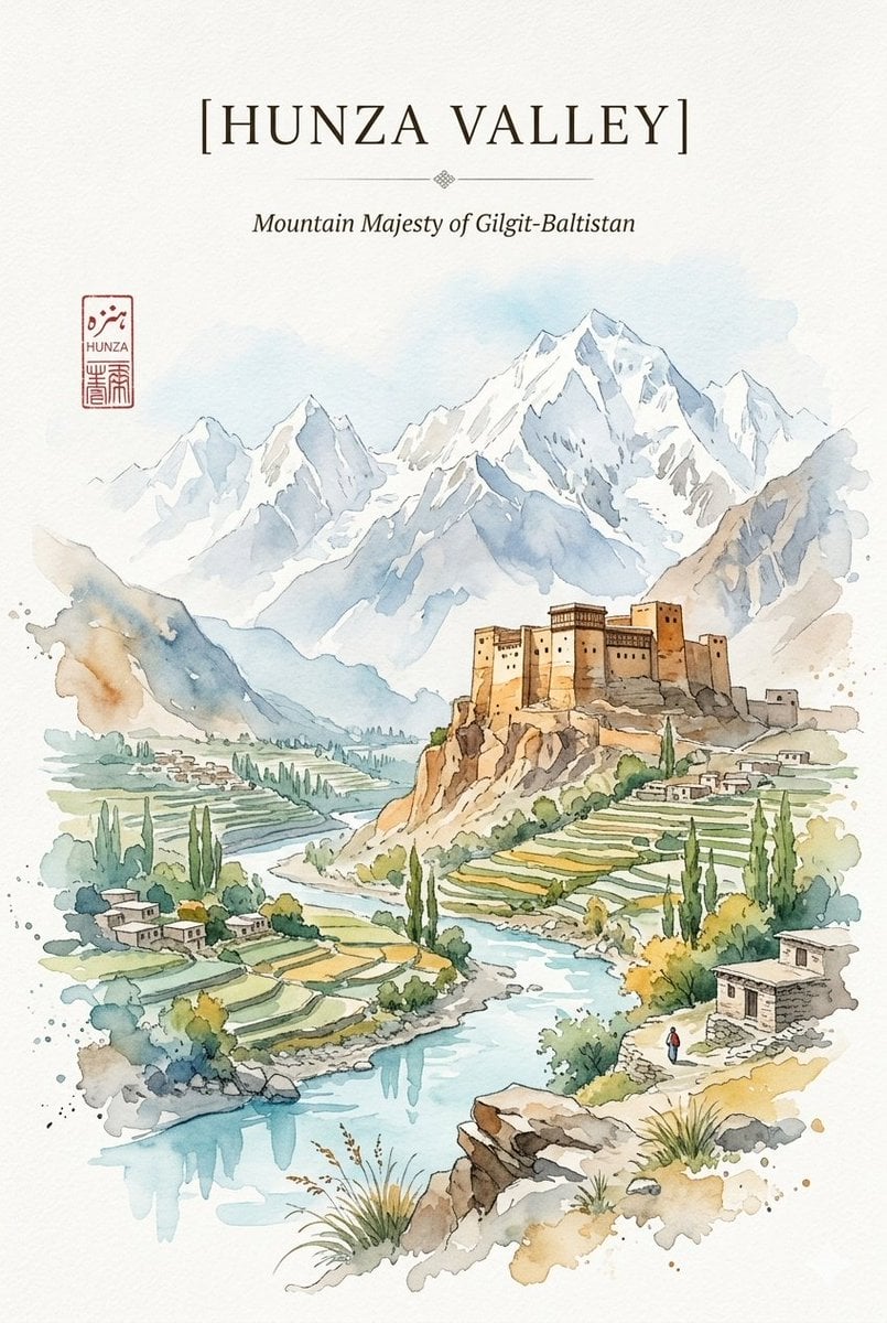 Watercolor travel poster that harmonizes the rugged heritage of the [Hero Subject: Hunza Valley] with the serene alpine 
