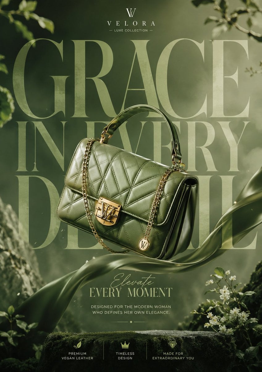 Generate a breathtaking luxury product advertisment of hand bag for girls, be creative with proper text and a big perfec