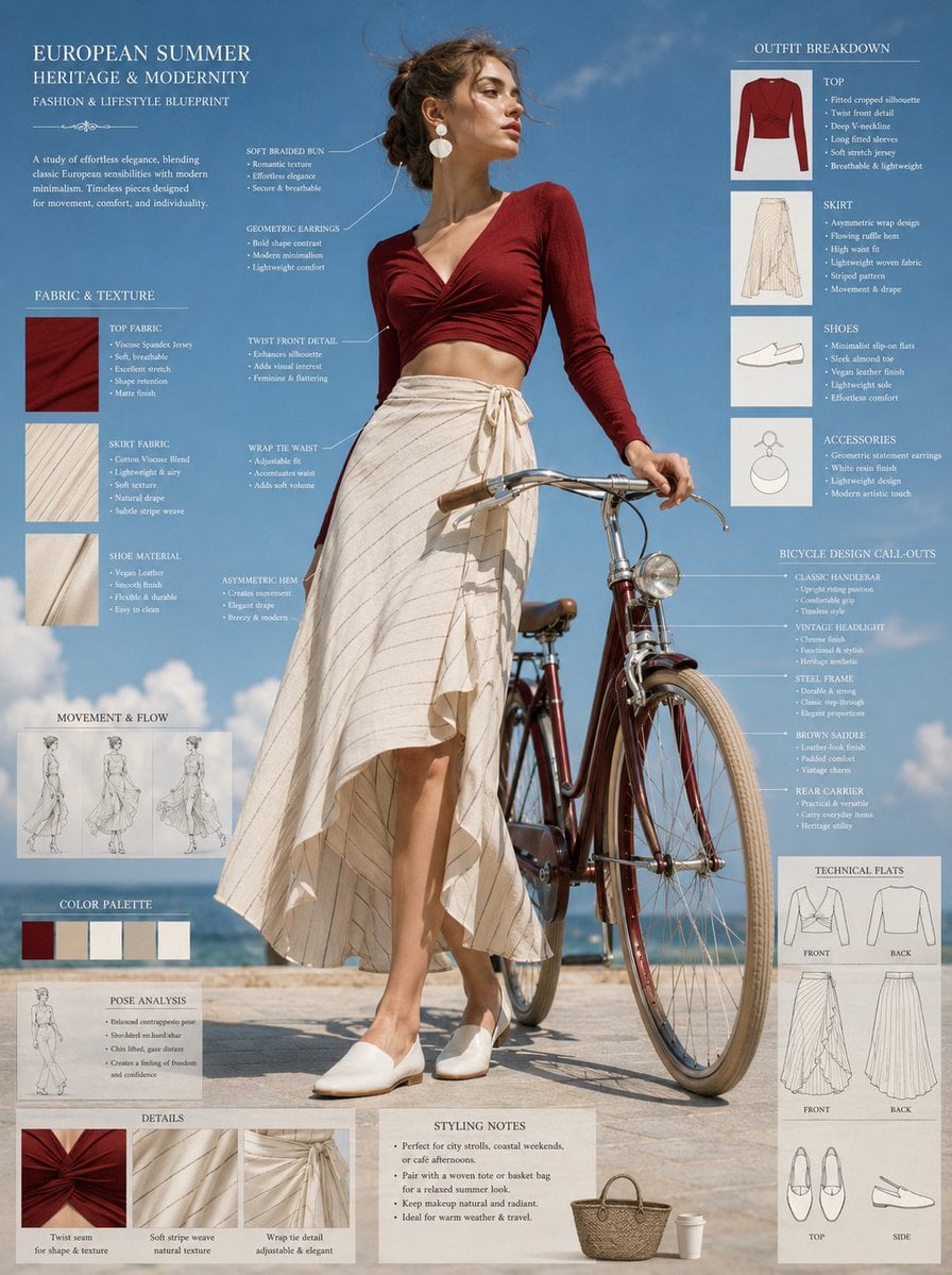 Fashion blueprint sheet of an elegant young woman posing beside a vintage bicycle, full-body low-angle view with detaile