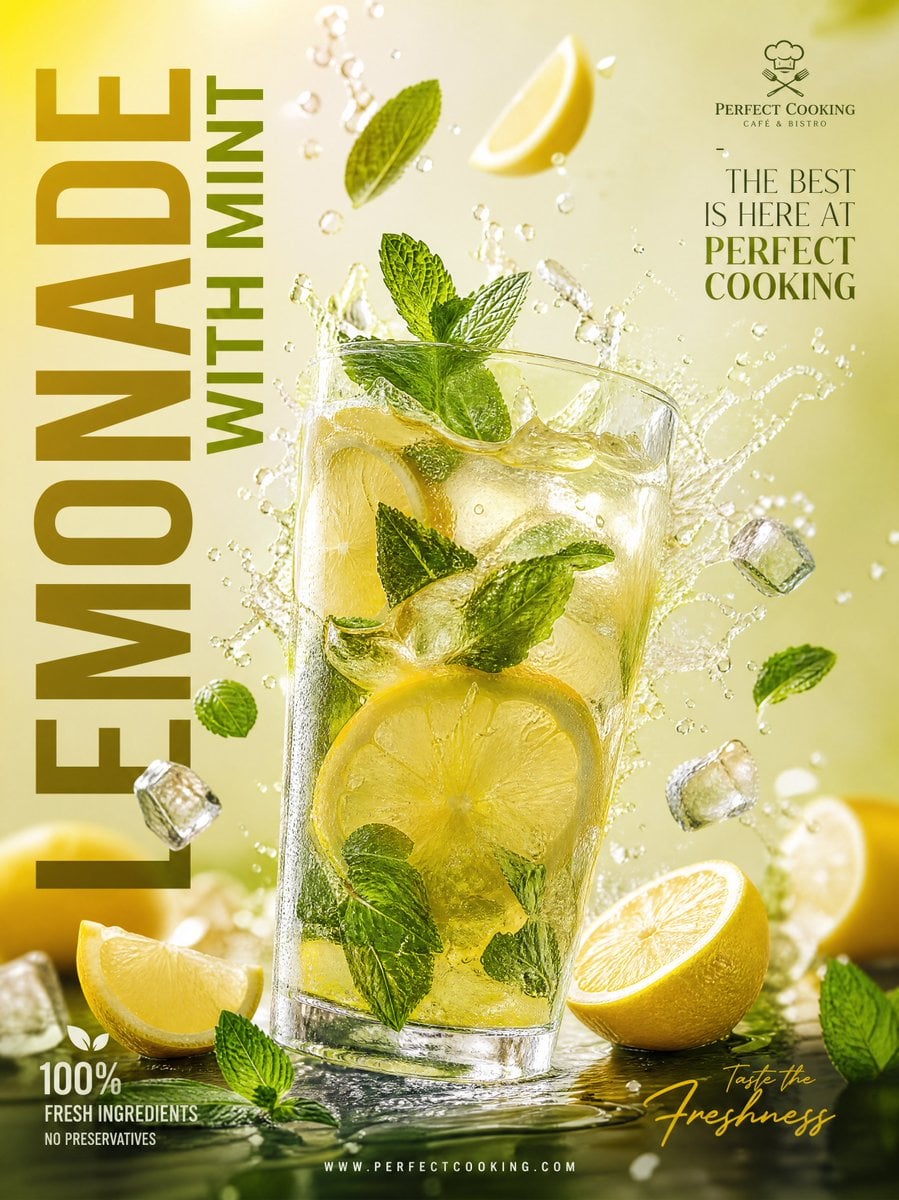 Ultra-realistic premium lemonade advertisement poster design, luxury modern café branding style, vertical layout, refres