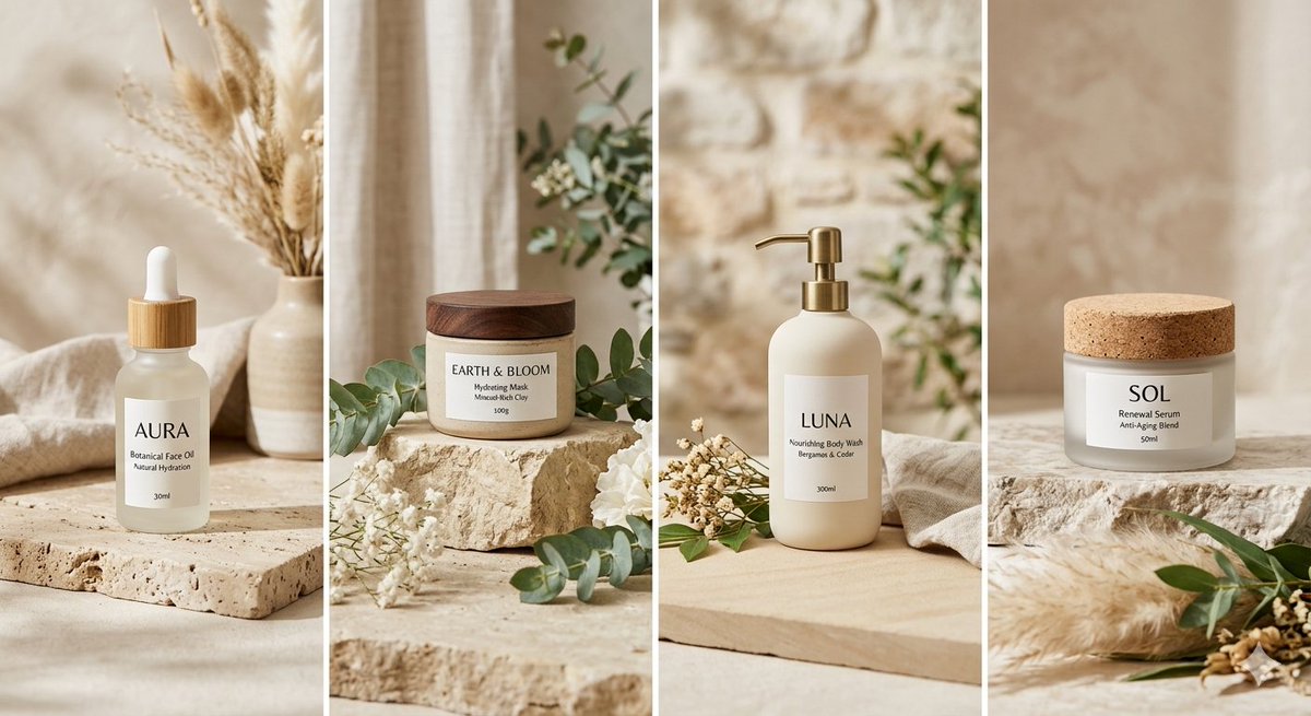 A professional prompt for generating realistic, elegant product photography in a natural setting. Each version features 