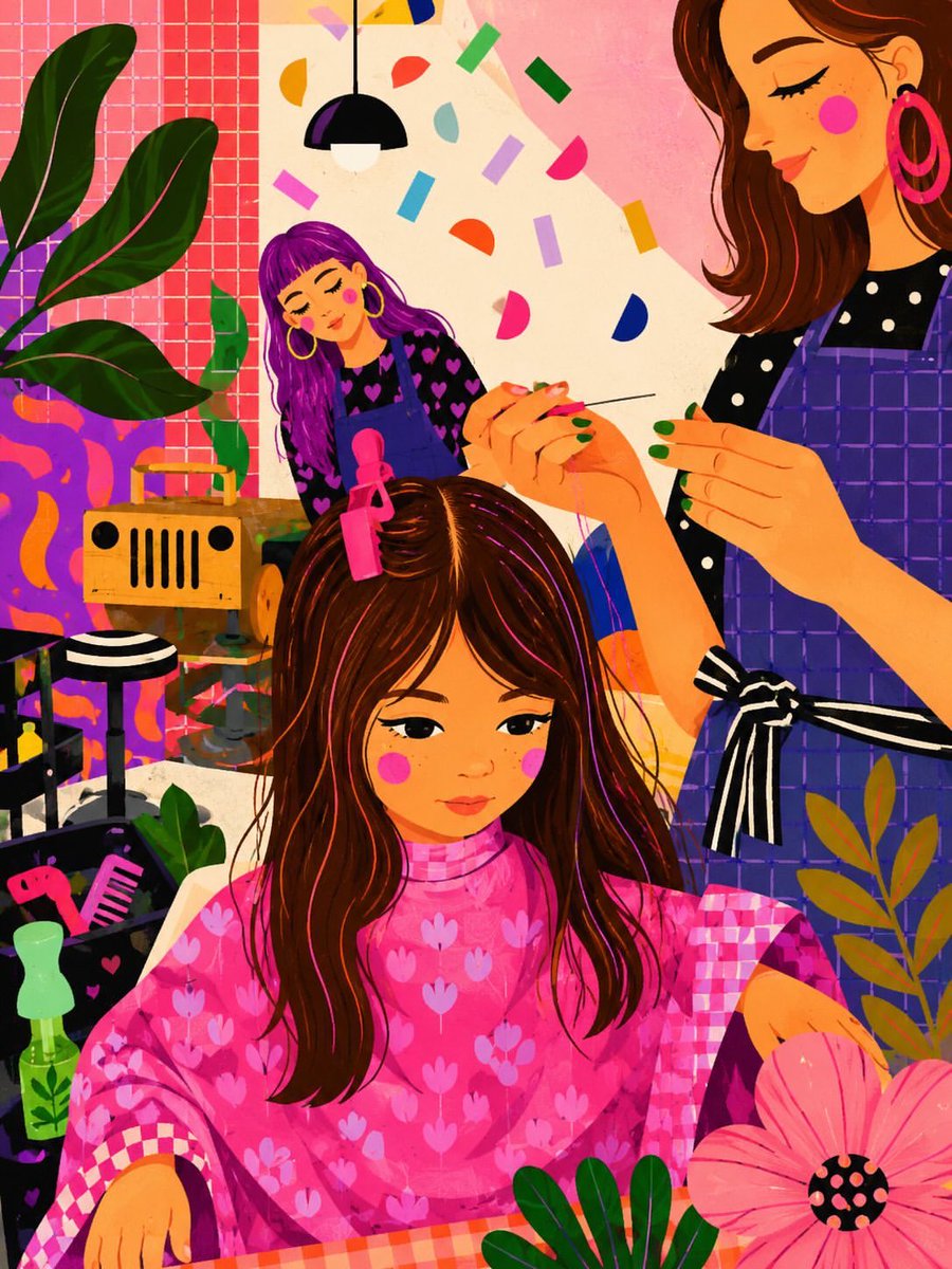 A vibrant whimsical digital illustration of a cozy indie hair salon, featuring a young girl with long brown hair getting