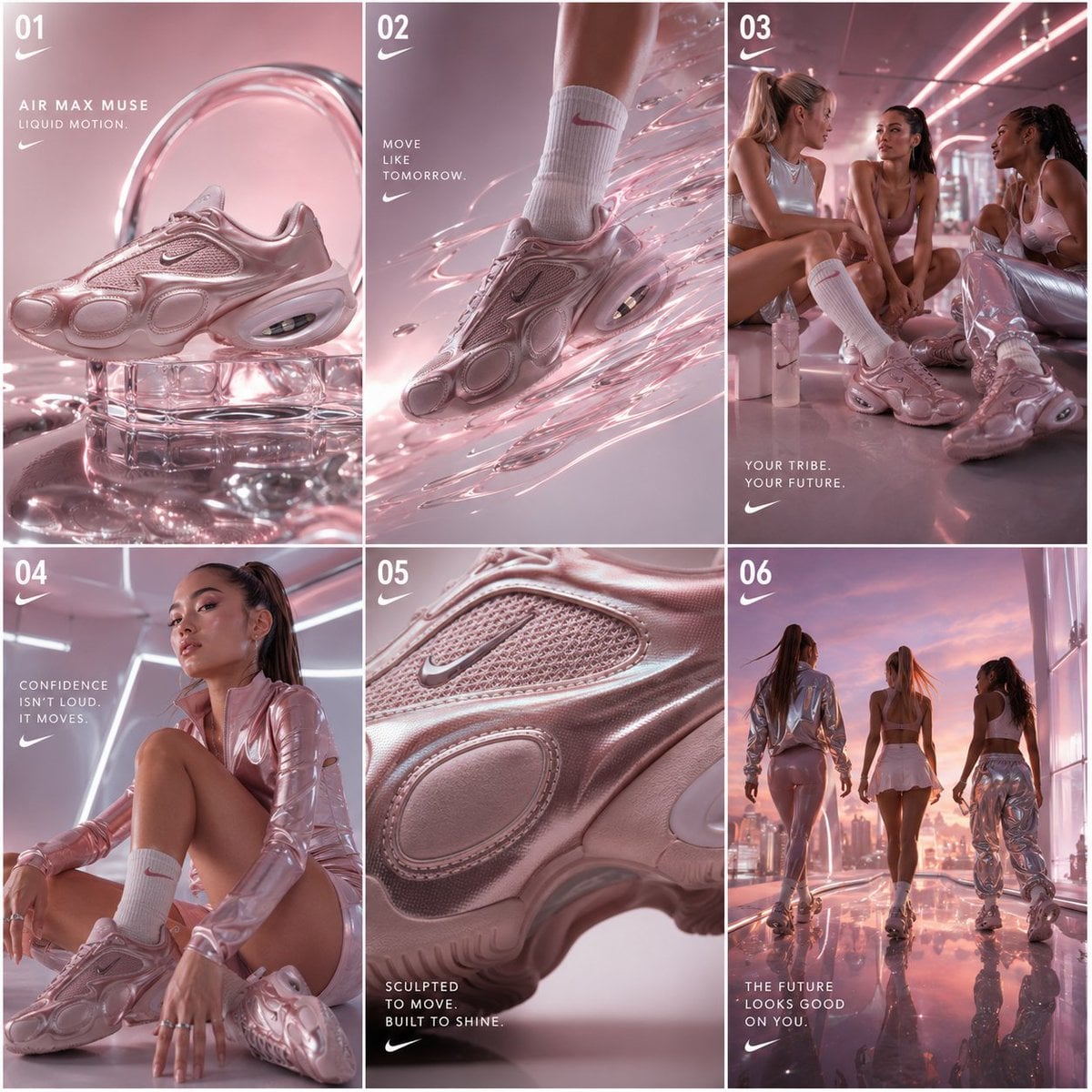 [Brand Name: NIKE AIR MAX MUSE]

[Campaign Name: LIQUID CHROME FEMININITY]

ULTRA PREMIUM MASTER JUMBO PROMPT V1

FUTURI