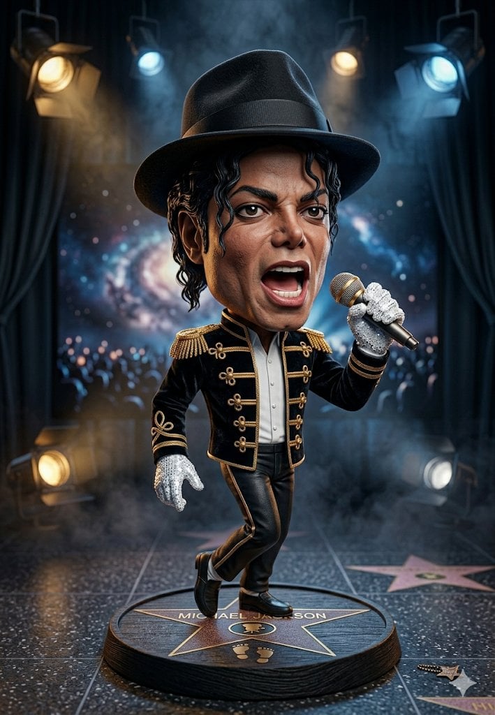A hyper-detailed 3D caricature figurine of a legendary pop music icon, bobblehead chibi style. Character in iconic black
