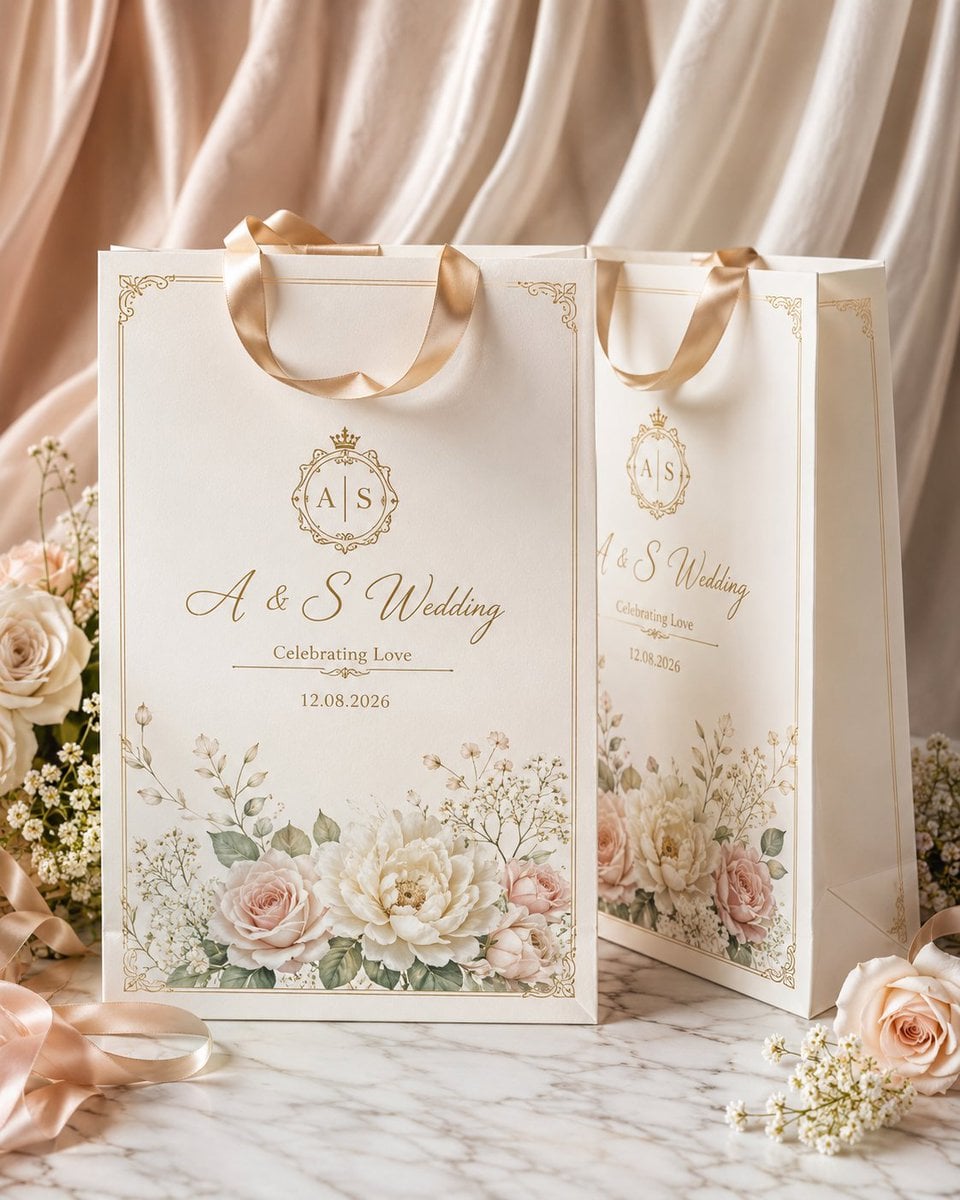 Create a high-end luxury wedding gift bag mockup in a clean premium studio setting.

Design an elegant ivory/off-white p