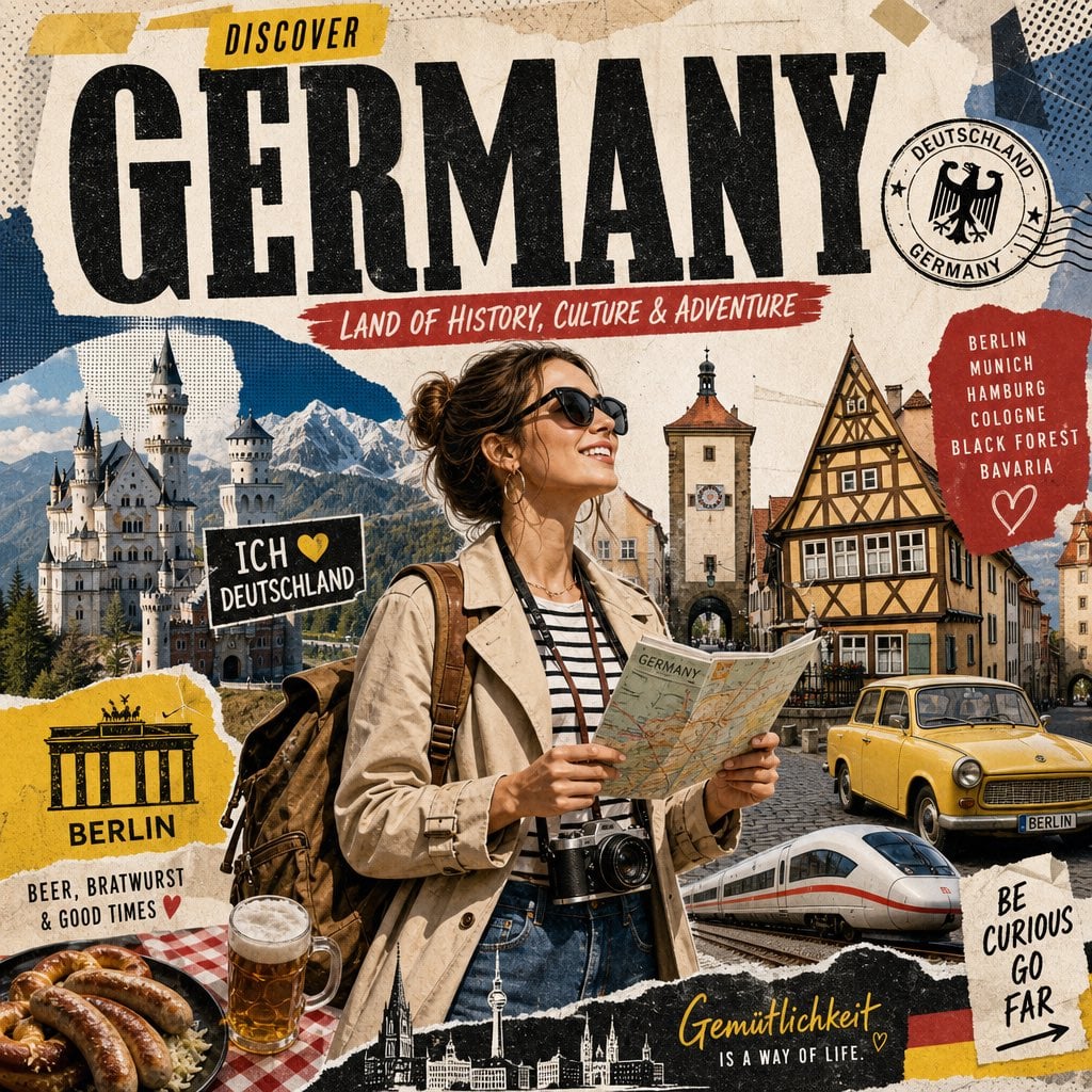 Create a stylized travel poster for [GERMANY].
The main subject should be a stylish international tourist visiting [GERM